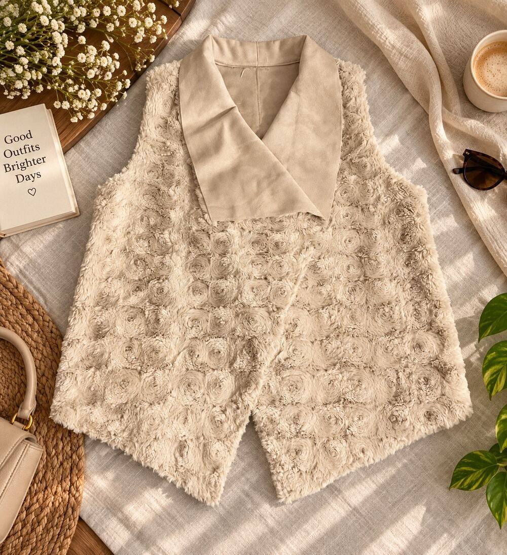 Women’s XL Ivory Faux Fur Rosette Vest Draped Collar Open Front Boho Glam